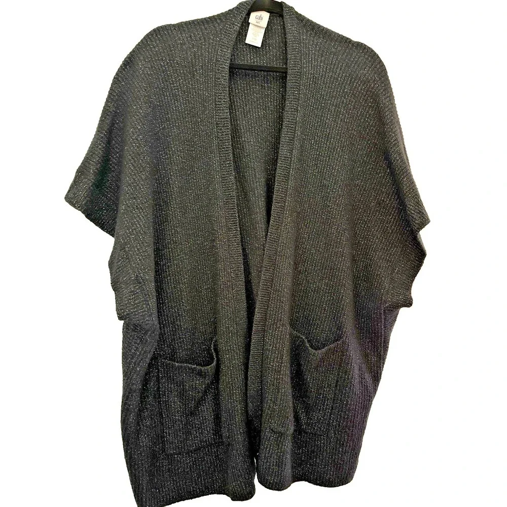 Cabi Metallic Shimmer Cocoon Cardigan Sweater M/L‎ Black Open Front Pockets Zip
